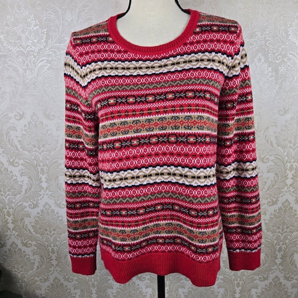 Talbots Petite Size Large Colorful Red Fair Isle Crewneck Sweater Long Sleeve